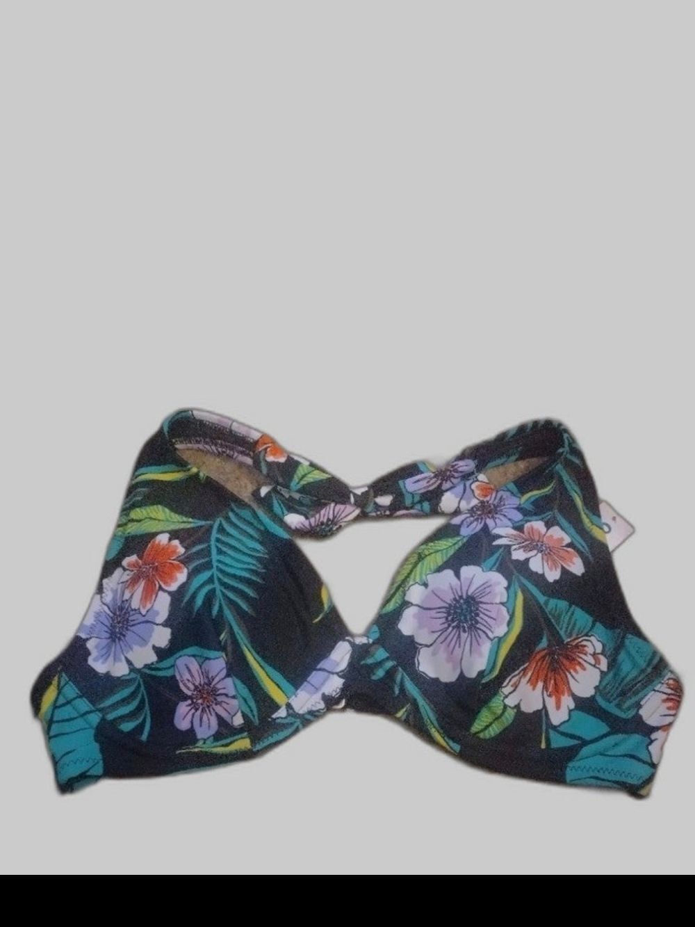 Tropical Floral Bikini Top - Black with Teal & Purple Flowers(523)